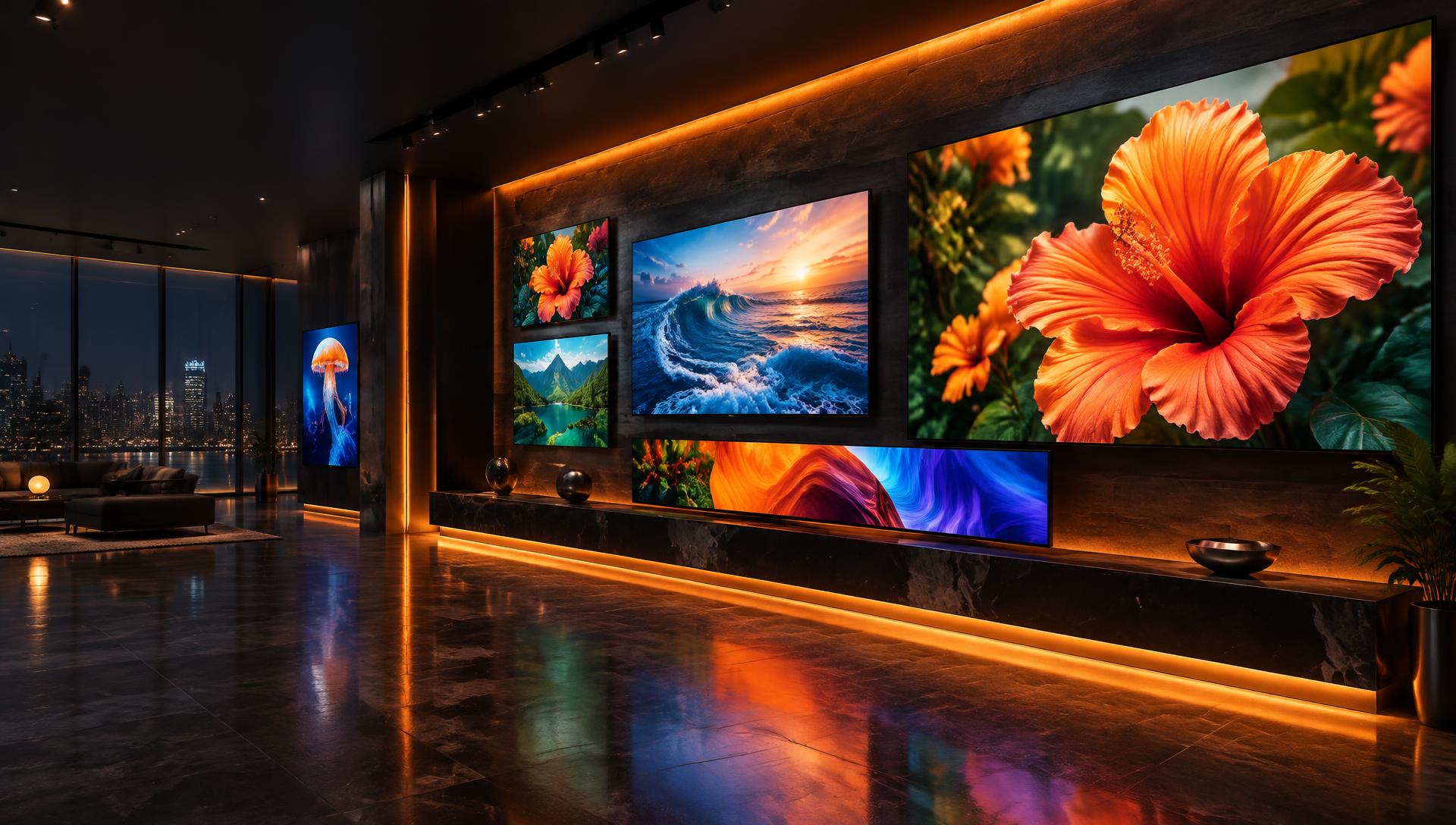 Premium showroom with a wall of vivid televisions and LED displays