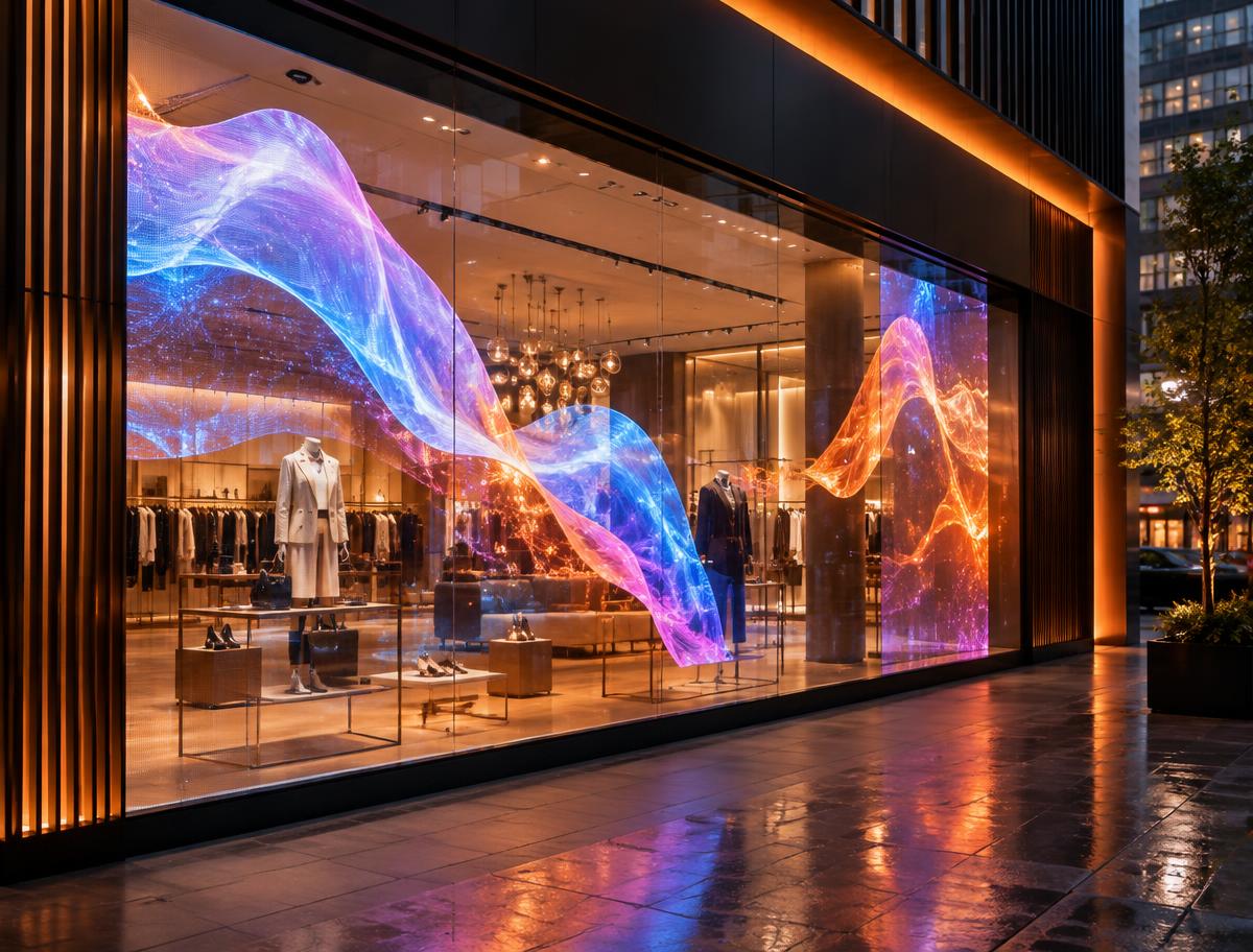 Transparent LED film on a premium retail storefront